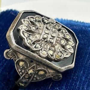 Antique Art Deco 1920s sterling silver genuine black onyx marcasite ring 6